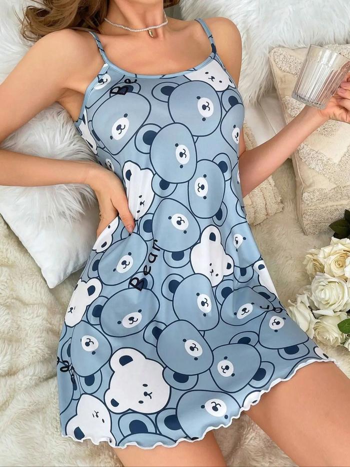 Summer Cute Blue Bear Printed Night Dress Women Sleepwear Nightgowns Nighties Comfortable Casual y N
