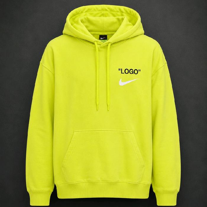 Jaket Hoodie Pullover OFF-WHITE Neon Green dengan Logo Putih di Dada