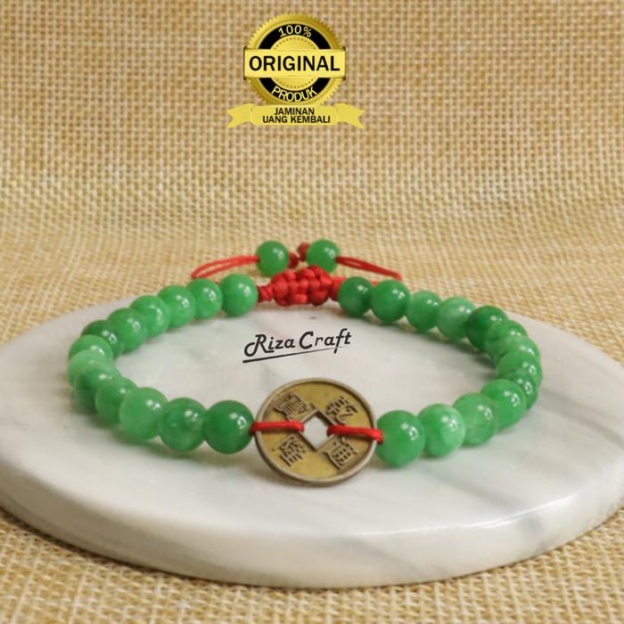 Gelang Batu Akik Giok Hijau ASLI Uang Logam Koin China Filosofi Tali Merah Serut