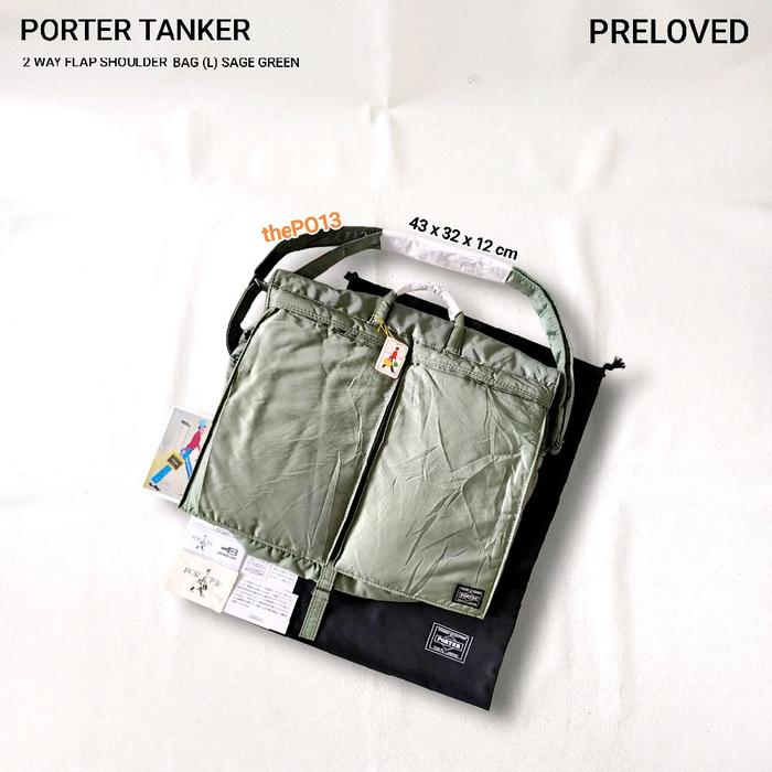 PRELOVED PORTER TANKER 2 WAY FLAP SHOULDER BAG (L) SAGE GREEN AUTHENTIC 100% VGC