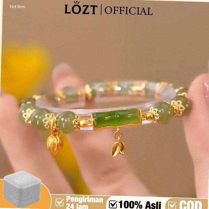 【100% Asli】LOZT Gelang Bambu Lapis Emas 24k Gelang Giok Wanita Asli China Gelang Giok Hijau Asli Gel