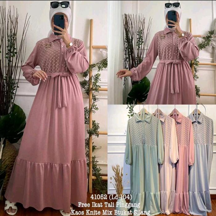maxi dres gamis muslim kaos knite renda free belt pinggang slimfit import premium rempel bunga #terb