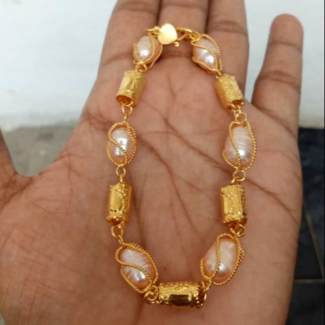 Gelang mutiara air tawar kurung bambu lapis emas 24k