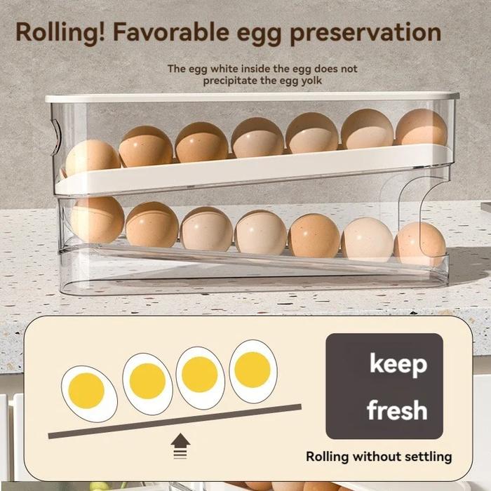 Kotak penyimpan telur kulkas otomatis, rak penyimpanan telur, wadah