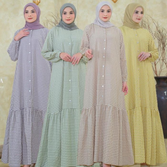 NNFashion ~ Aqeela Dress Gamis Wanita Muslimah Bahan Cotton motif kotak panjang kancing outfit Lebar