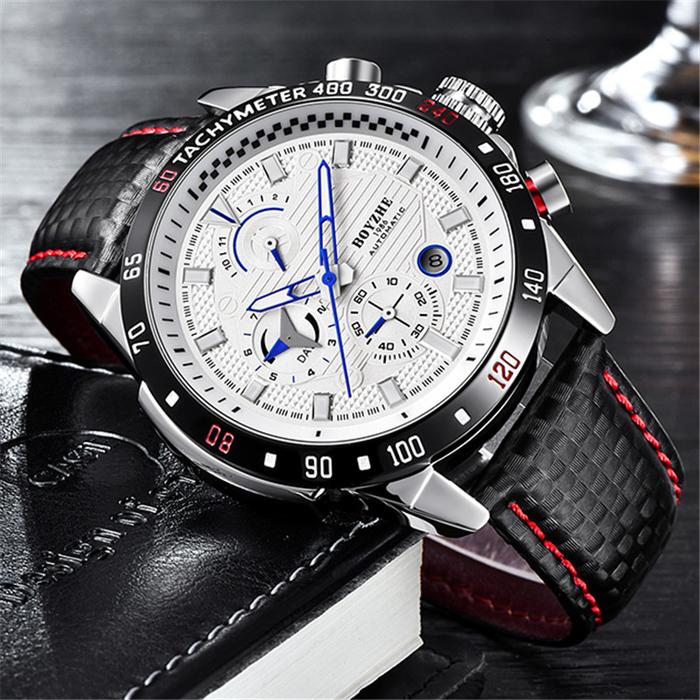Boyzhe Top Brands Fashion Men Watch Mechanical Waterproof Calendar Leather Strap Casual Men's Watche