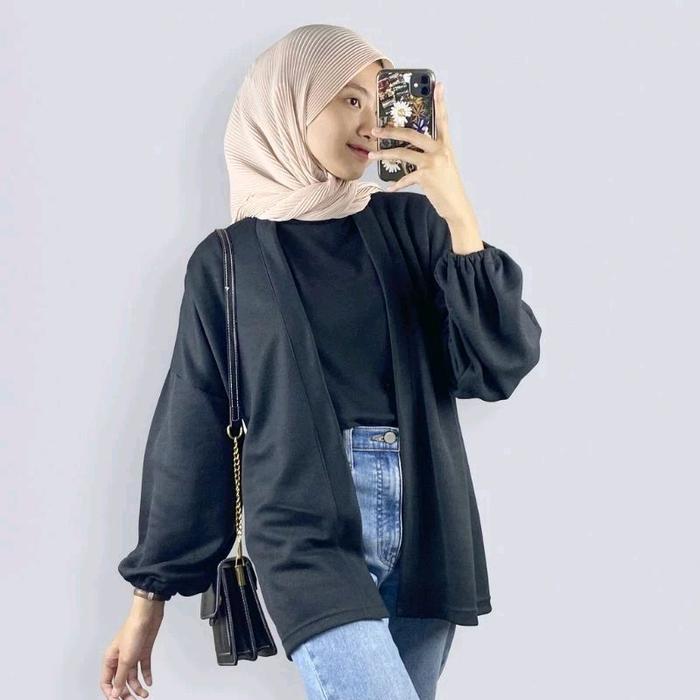 Outer cardigan wanita lengan balon kardigan oversize hitam putih