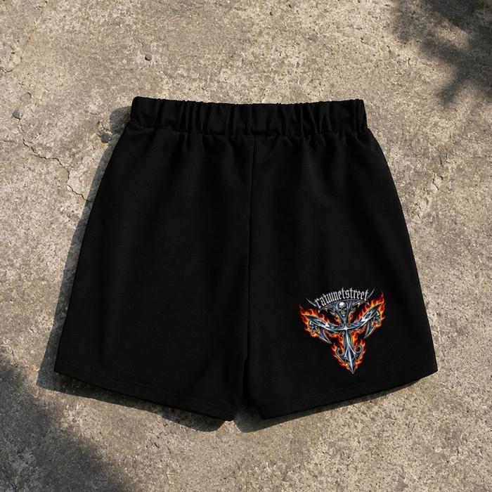 Boxer Rawnetstreet Design Celana Pendek Pria dengan Logo Api dan Pedang Hitam