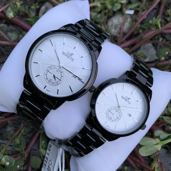 Jam tangan mirete high class rantai Hutam plat putih B3011 couple tanggal aktif Elegan Hitam Kaca Wa