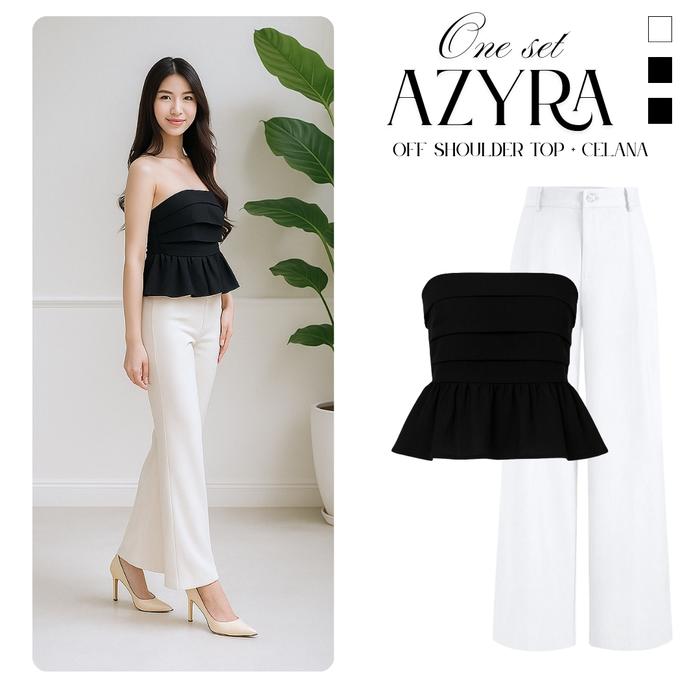 Azyra One Set Korea Fashion Wanita Kekinian ( Atasan Sabrina Top Hitam & Celana Loose Pants Kulot Pu