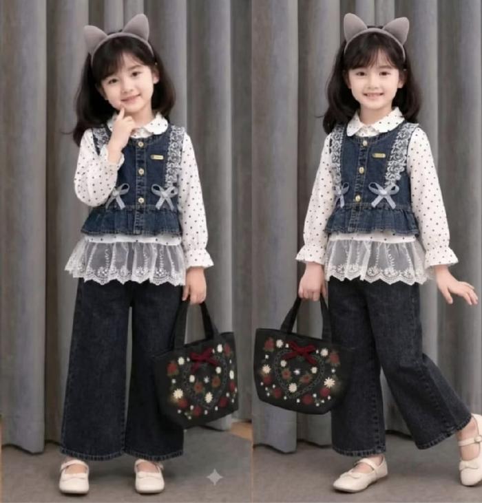 Setelan Anak Perempuan Jeans 2in1 Atasan Ruffle Peplum Celana Kulot Denim Usia 3-11 Tahun OOTD Korea
