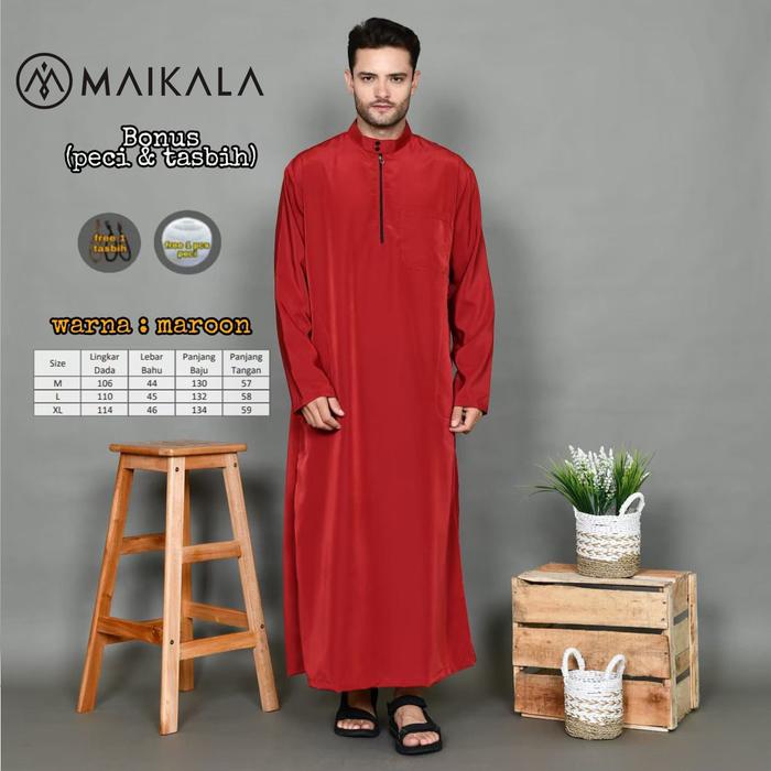 Jubah Gamis Pria Model Simple Polos Original Maikala Premium Al Haramain Warna Merah Marun Maroon