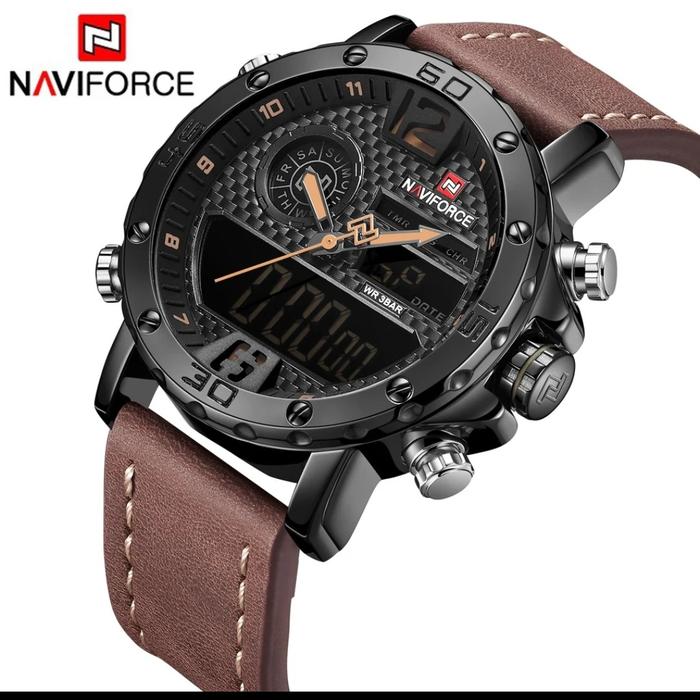 Naviforce NF9134M Jam Tangan Pria Dual Time Original Leather Strap