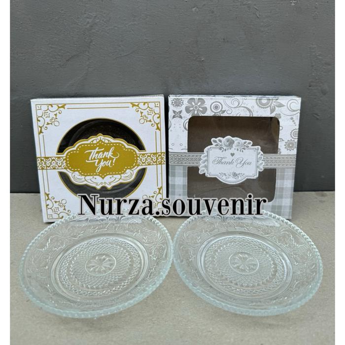 ( Isi 50pcs ) Souvenir Piring Pisin Kaca Motif Cantik Kemasan Box