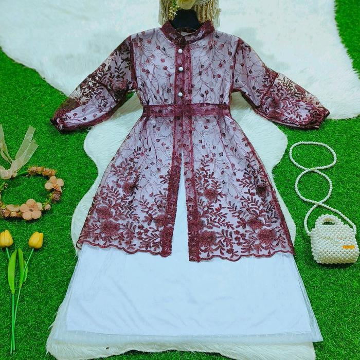 El rumi-kids Gamis Raya Brukat Tyle 2in1 Anak 2-15 Tahun Gaun Mewah Lebaran Kondangan Muslim Baju Pa