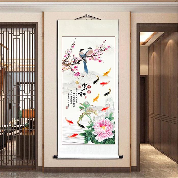 LUKISAN GULUNG GANTUNG. GAMBAR IKAN KOI, BURUNG DAN BUNGA PEONY PAJANGAN   FENGSHUI 165X70CM LG248