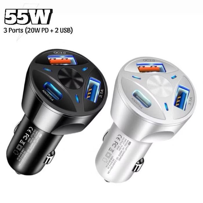 Charger Mobil / Car Charger 3 Port 55W Fast Charging 3.0 Usb Universal 2 Port Usb A + 1 Port Usb Typ