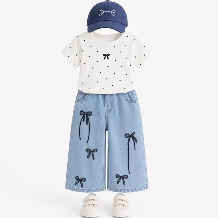 KIDS CLOSET.ID Setelan Jeans Kulot Anak Perempuan Korea Merah Maroon & Denim Biru Atasan Blus Polkad