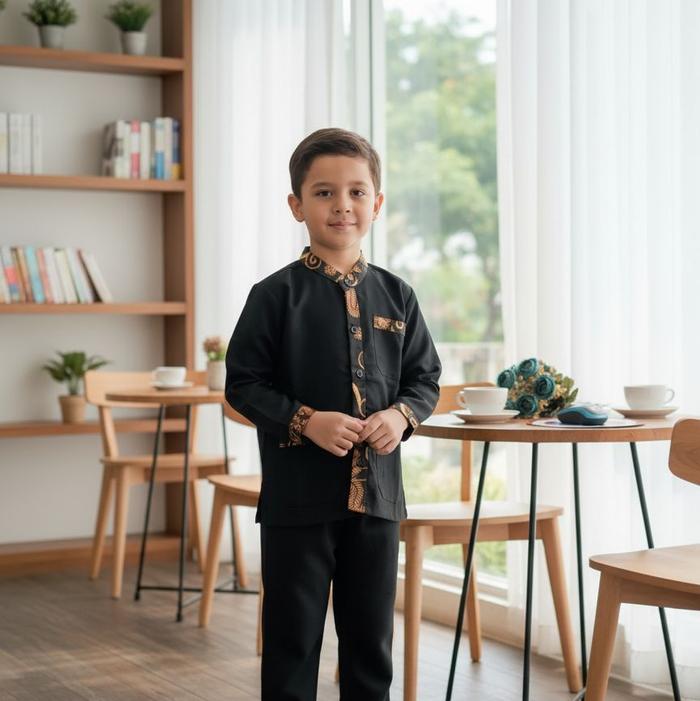 setelan Baju Adat Pangsi Kampret Katun Anak Laki-laki Usia 1-15 Tahun Motif List Batik Kunyit Kancin