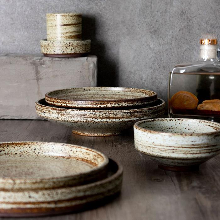 Retro Handmade Stoneware Rice Soup Bowl Tea Cup Round Steak Salad