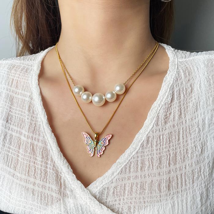 Fairytopia Mermaidia Enamel Butterfly Necklace For Women Thai Pop Imitation Pearl Necklace Multilaye
