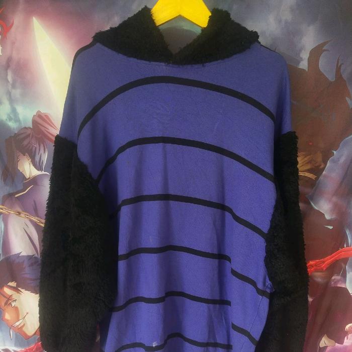 Shareef Tokyo Japan Purple Striped Fleece Fuzzy Sleeve Oversized Hoodie Jaket Jacket Atasan Luaran J