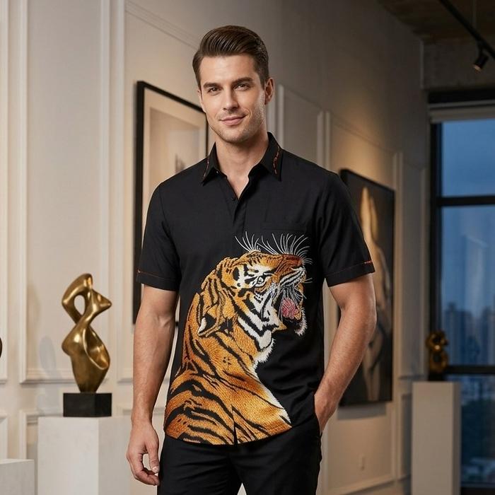 Kemeja Bordir Besar Harimau Premium