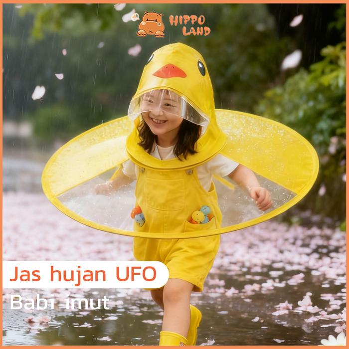 HIPPOLANDJaket Hujan Bebek Kuning Kecil Berbentuk Piring Terbang, Topi Payung Gaya Cape untuk Anak-A