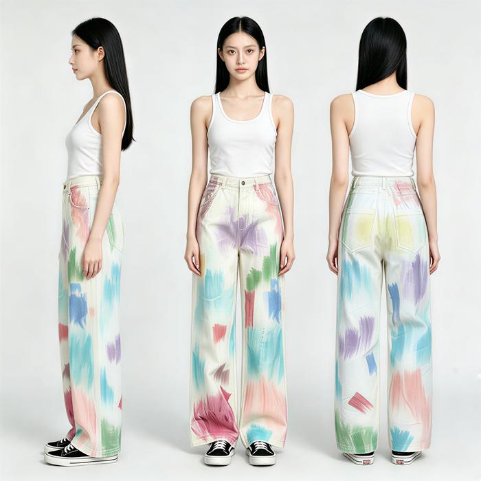 Jeans Longgar Lurus Wanita Warna Grafiti Kaki Lebar Pinggang Tinggi Gaya Korea Chic Colorful Highwai