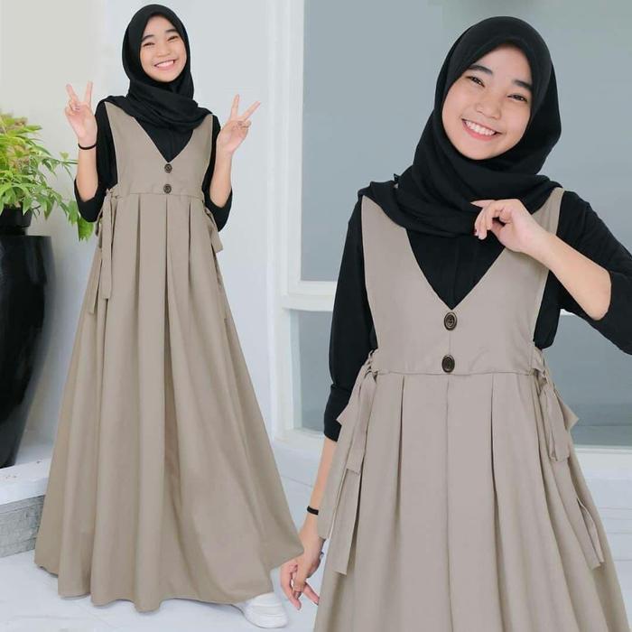 Busana Muslim Anak Wanita Usia 9-18 Tahun Avela Set Overall + Inner Bahan Katun + Spandek All Size F