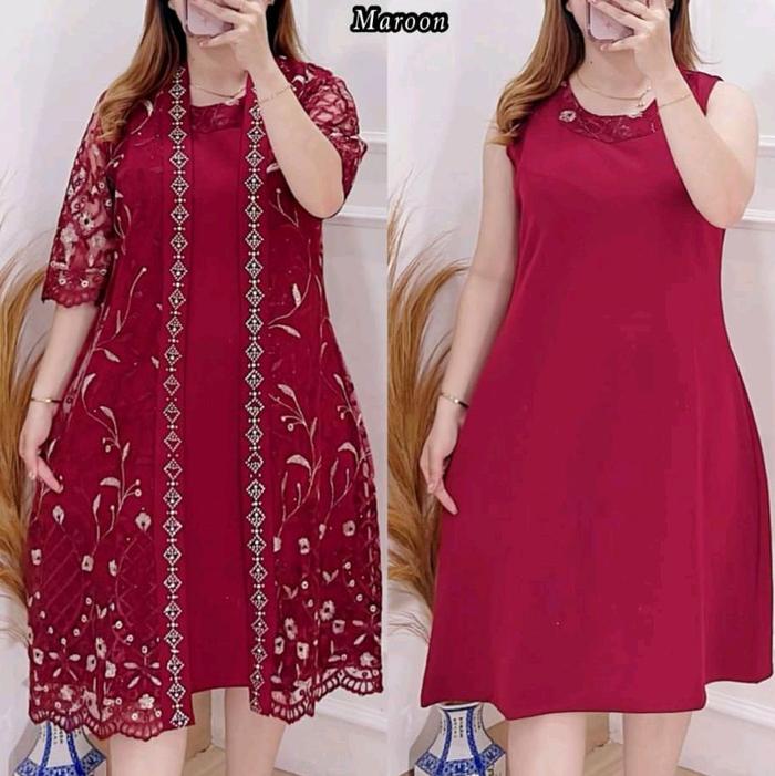 Dress outer merah maroon scuba premium Tile Pesta