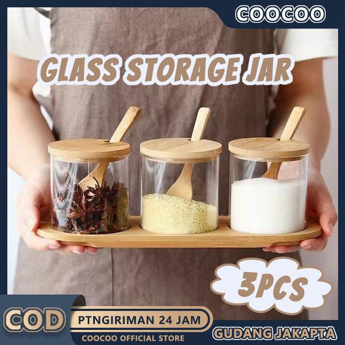 Glass Storage Jar/Jars Transparan Plus Sendok Kayu/Toples bumbu kaca kayu Rak bumbu sendok kayu temp