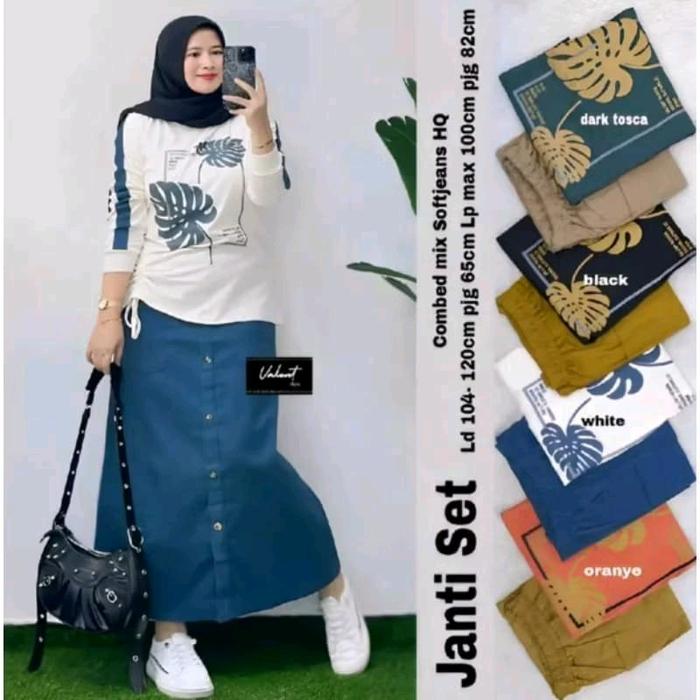 Set rok cargo denisa celita janti bahan combed mix cotton Dress wanita muslimah Gamis baju midi musl