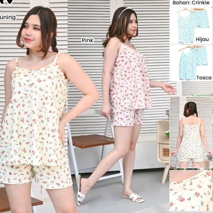 Lingerie Jumbo baju tidur setelan sexy setelan tanktop celana hotpants motif bunga Piyama Wanita