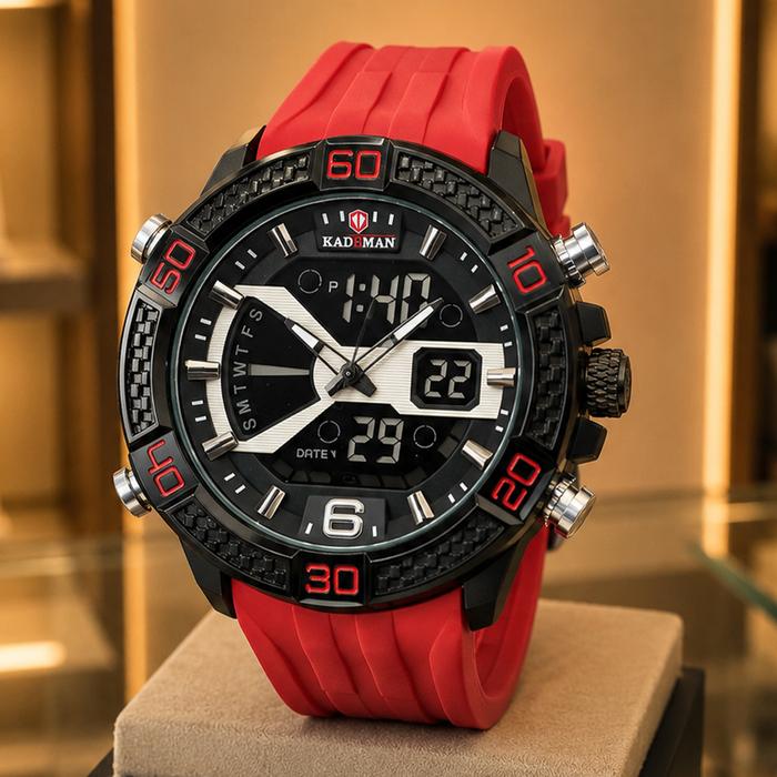 Kademan - Jam Tangan Analog Digital Pria - Black Case - Red Rubber Strap - K7004M-A