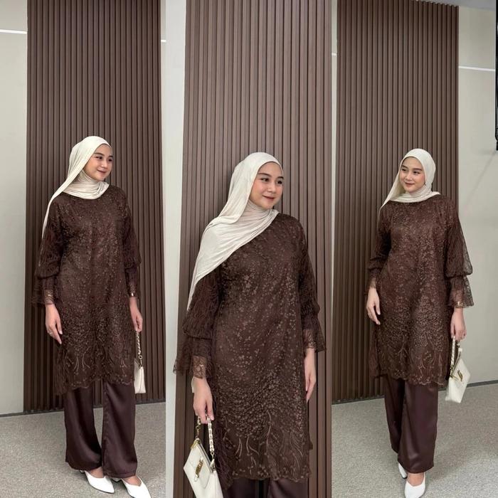 Jenna Set 3 in 1 ( Tunik + Celana + Inner ) Bahan Satin Silk Mix Tille Chantily Premium / One Set Ko