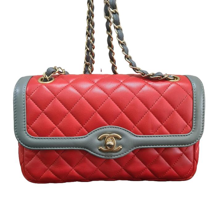 Leather Two Tone Flap Bag Red chanel