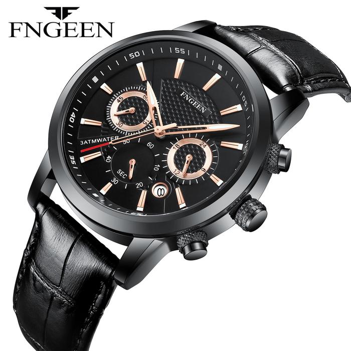 FNGEEN 6122 Jam Tangan Pria Original Tali Kulit Kalender Tahan Air Olahraga Kronograf Jam Tangan Cow