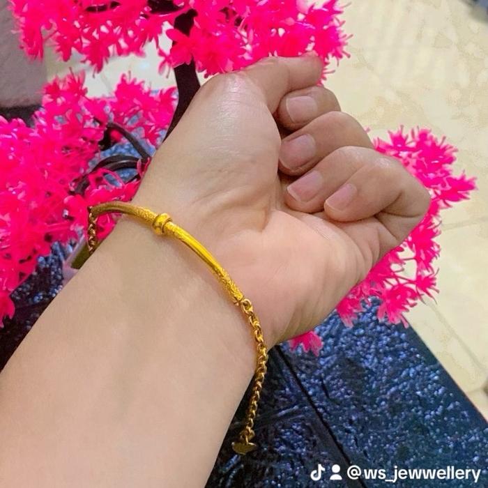 Gelang rantai bambu sepuh emas murni 24 karat balut kristal premium