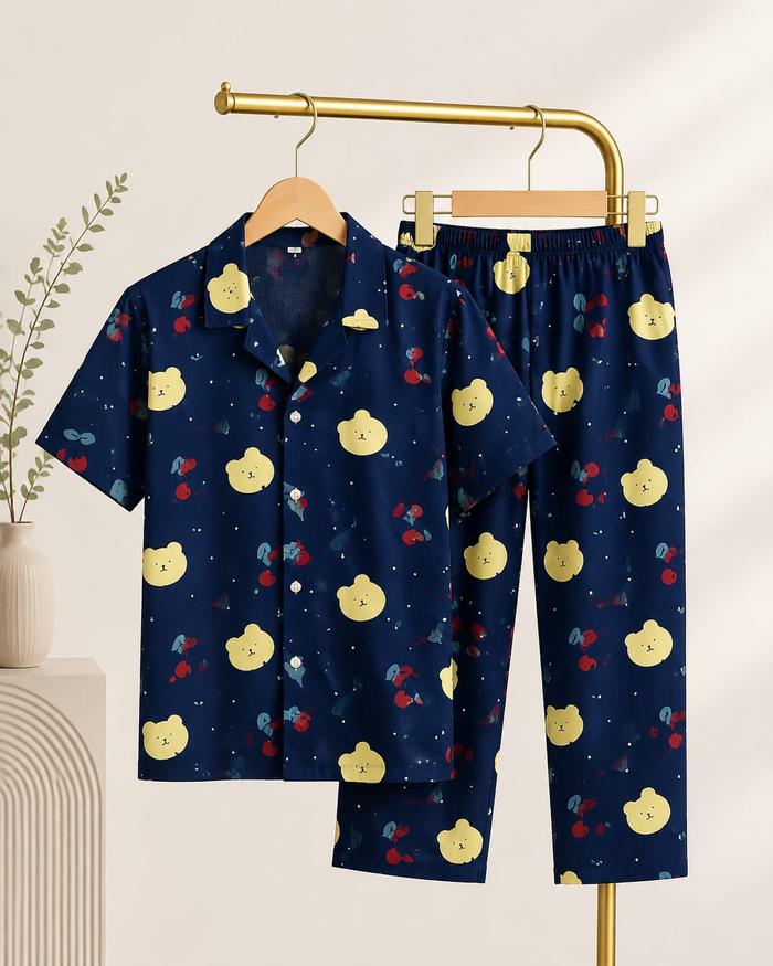 One Set Piyama Rayon 6-12 Tahun Motif Kotak Sapi | Katun Rayon Premium Adem | Lengan Pendek + Celana