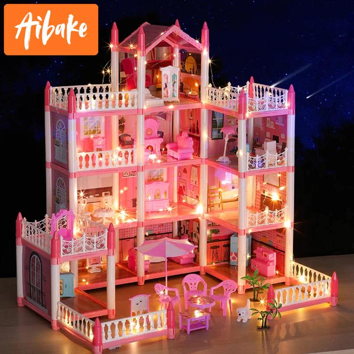 Mainan Rumah Princess Rumah Boneka Anak Perempuan Mainan Kastil Villa Dengan Lampu + Boneka