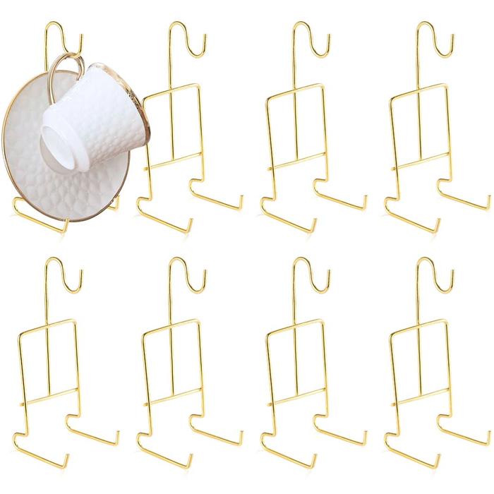 8Pcs Cup Saucer Display Stand Tea Cup and Saucer Holders Teacup Coffee Mug Organizer Rack Golden Fin