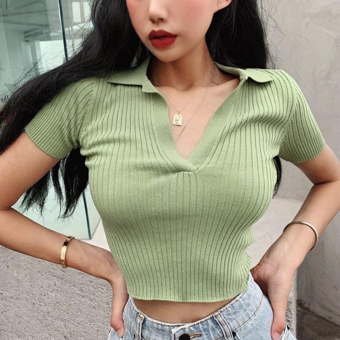 atasan crop top rajut  kaos kerah polo wanita  crop kerah lengan pendek & crop lengan panjang OLIVIA