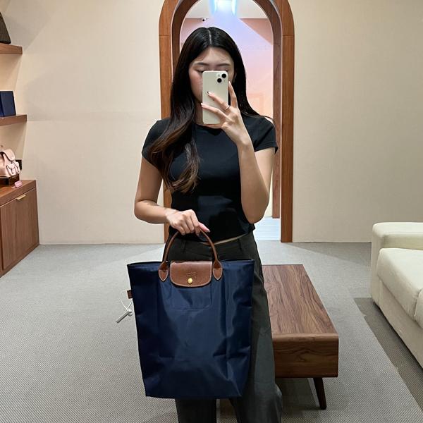 Tas LONGCHAMP LE PLIAGE NAVY BROWN HANDLE SHOPPER BAG 100% ORIGINAL