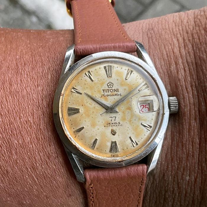 JAM KUNO SWISS : TITONI AIRMASTER 77 JEWELS GOLDCOIN TROPICAL DIAL ORIGINAL SPACE STAR SPACE KING C