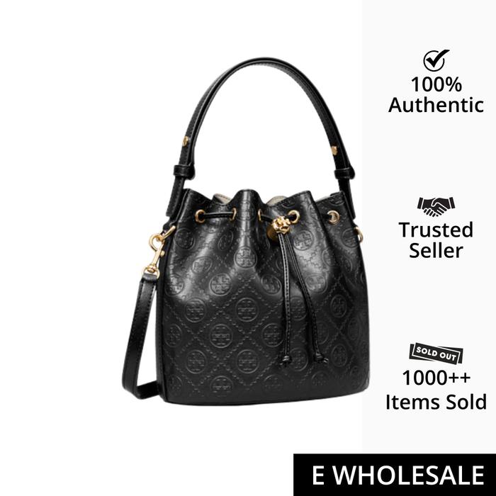 Tory Burch T Monogram Leather Bucket Bag Black