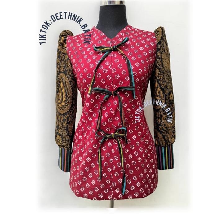 Blus batik wanita motif truntum asli mix lurik prasojo batik busui handmade kerah V