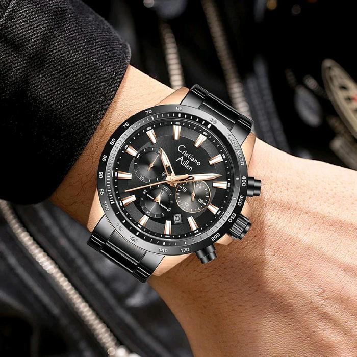 JAM TANGAN PRIA ORIGINAL CRISTIANO AILLEN 8891 CHRONOGRAPH KACA SAPPHIRE WATER RESISTANT RANTAI STAI