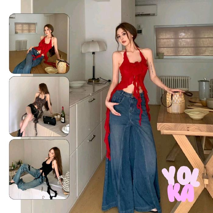Yolka Tank Tpp Bra Wanita Rumbai Bunga, Atasan wanita Tanpa lengan Rumbai panjang kekinian, Baju wan