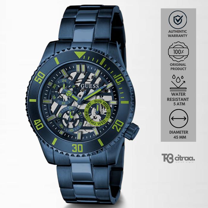Jam Tangan Pria Guess Axle GW0488G4 Chronograph Men Skeleton Blue Dia Blue Stainless Steel Strap Mew